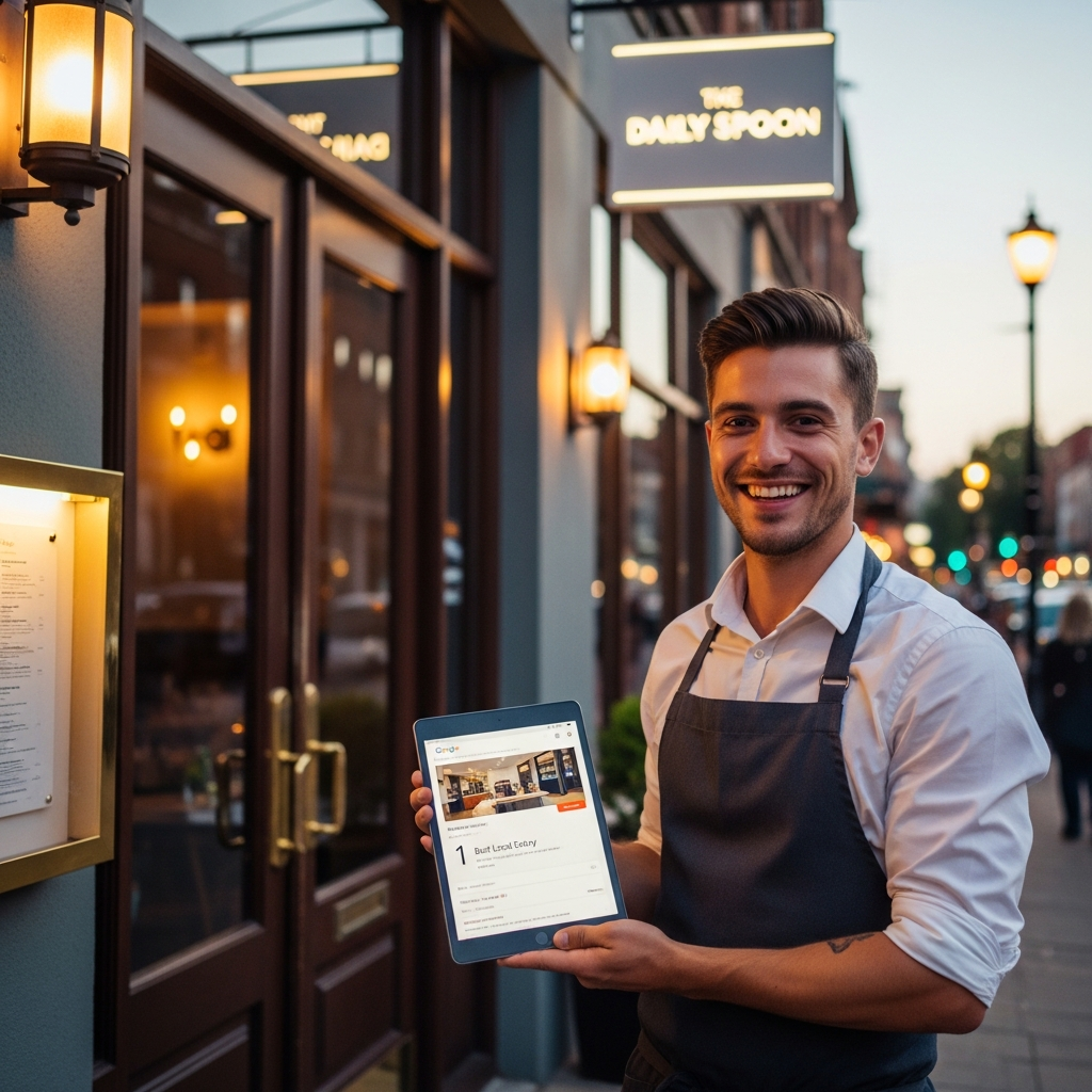 Restaurant owner viewing top Google ranking on tablet