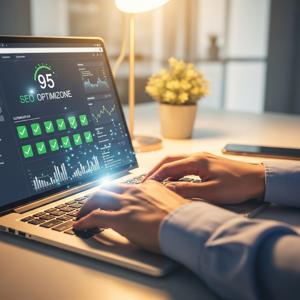 Professional entering website URL for SEO analysis on laptop